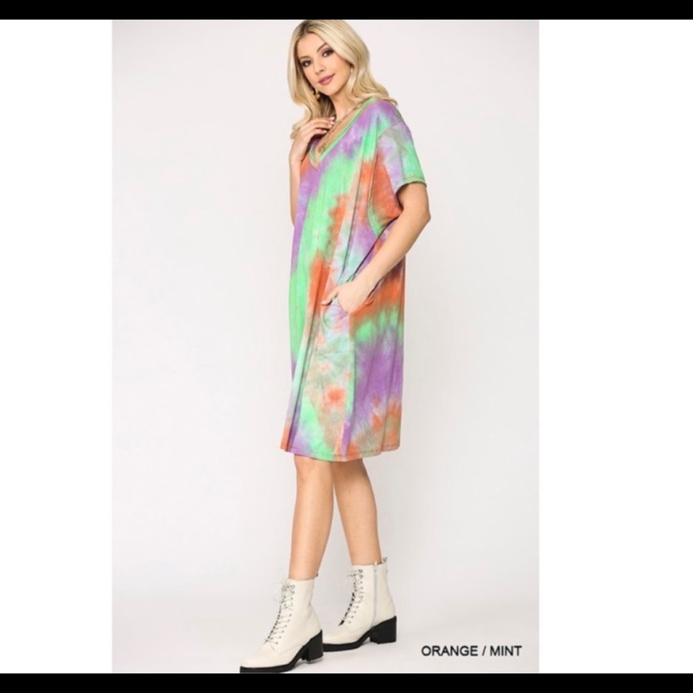 Gigio Tie Dye Midi Dress Raw Edge Cotton Jersey Dress with Side Pockets - Picture 4 of 8